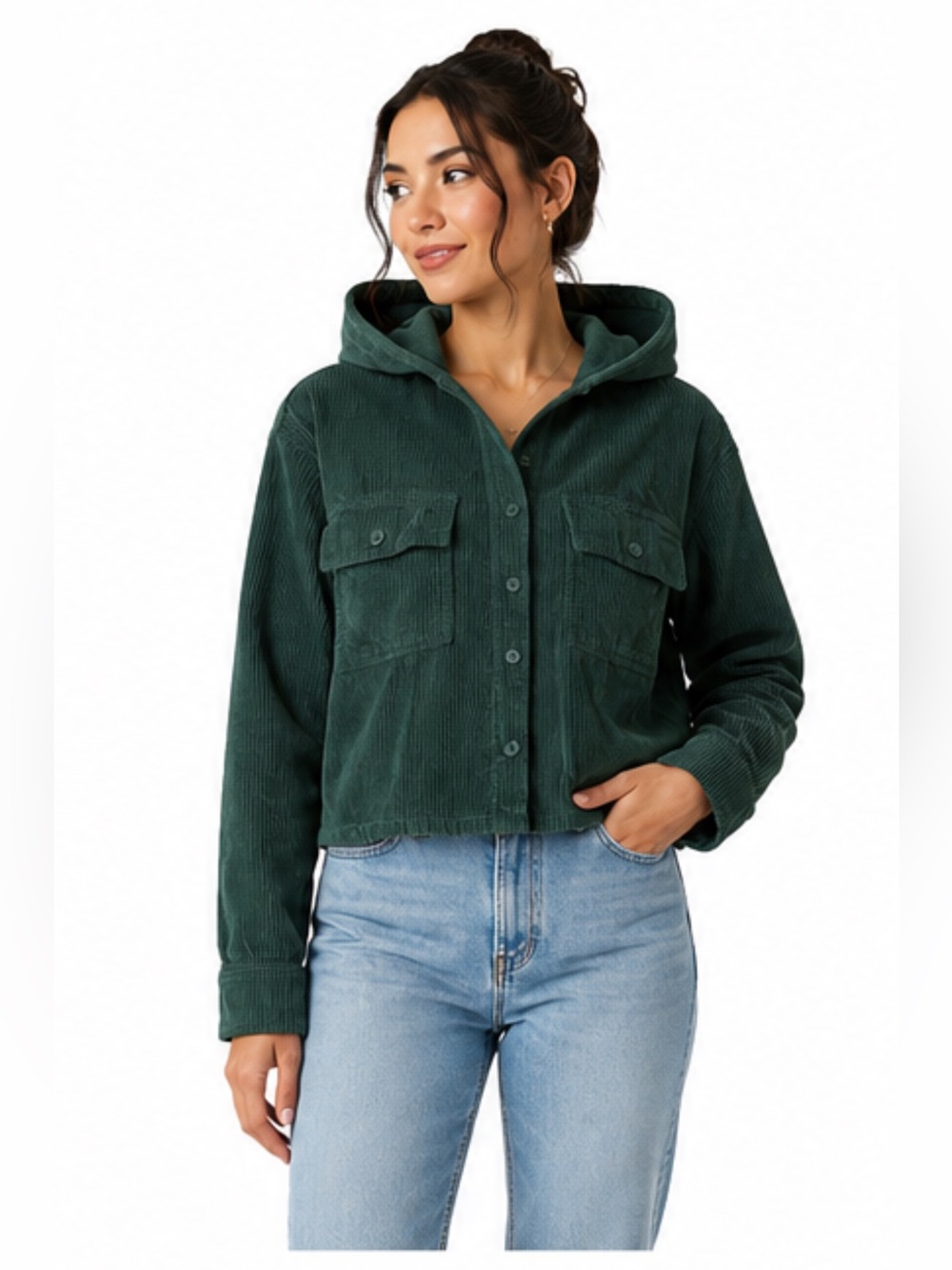American Eagle AE Hooded Cropped Corduroy Button-Up Shirt XS green
